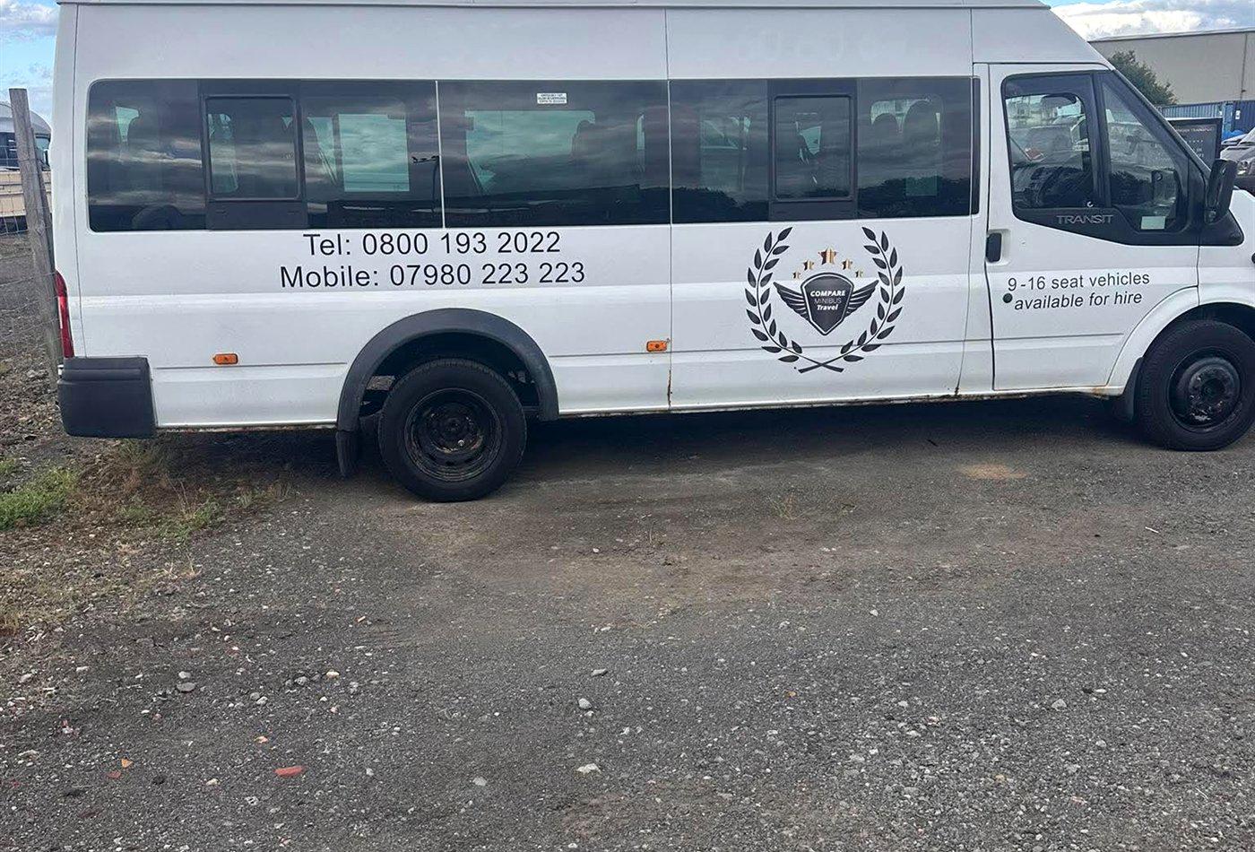 A white Compare Minibus Travel minibus available for airport transfers